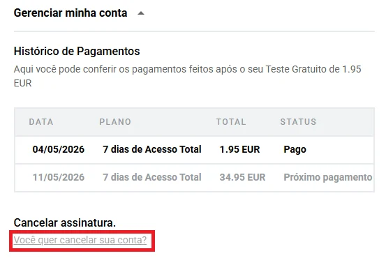 Você quer cancelar sua conta